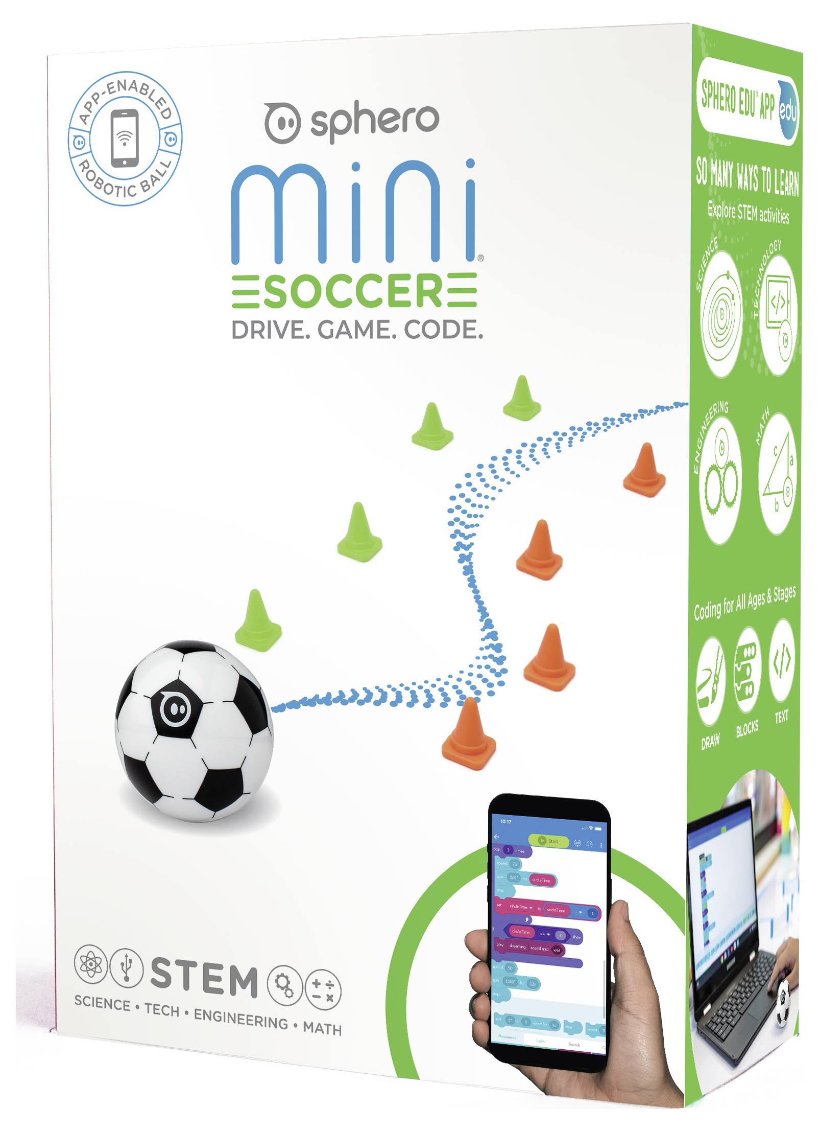 Die Verpackung zeigt 'Sphero Mini Soccer', ein programmierbarer Roboterball. Illustrationen zeigen die Nutzung mit einer App. STEM-Lernprodukt ab 8 Jahren.
