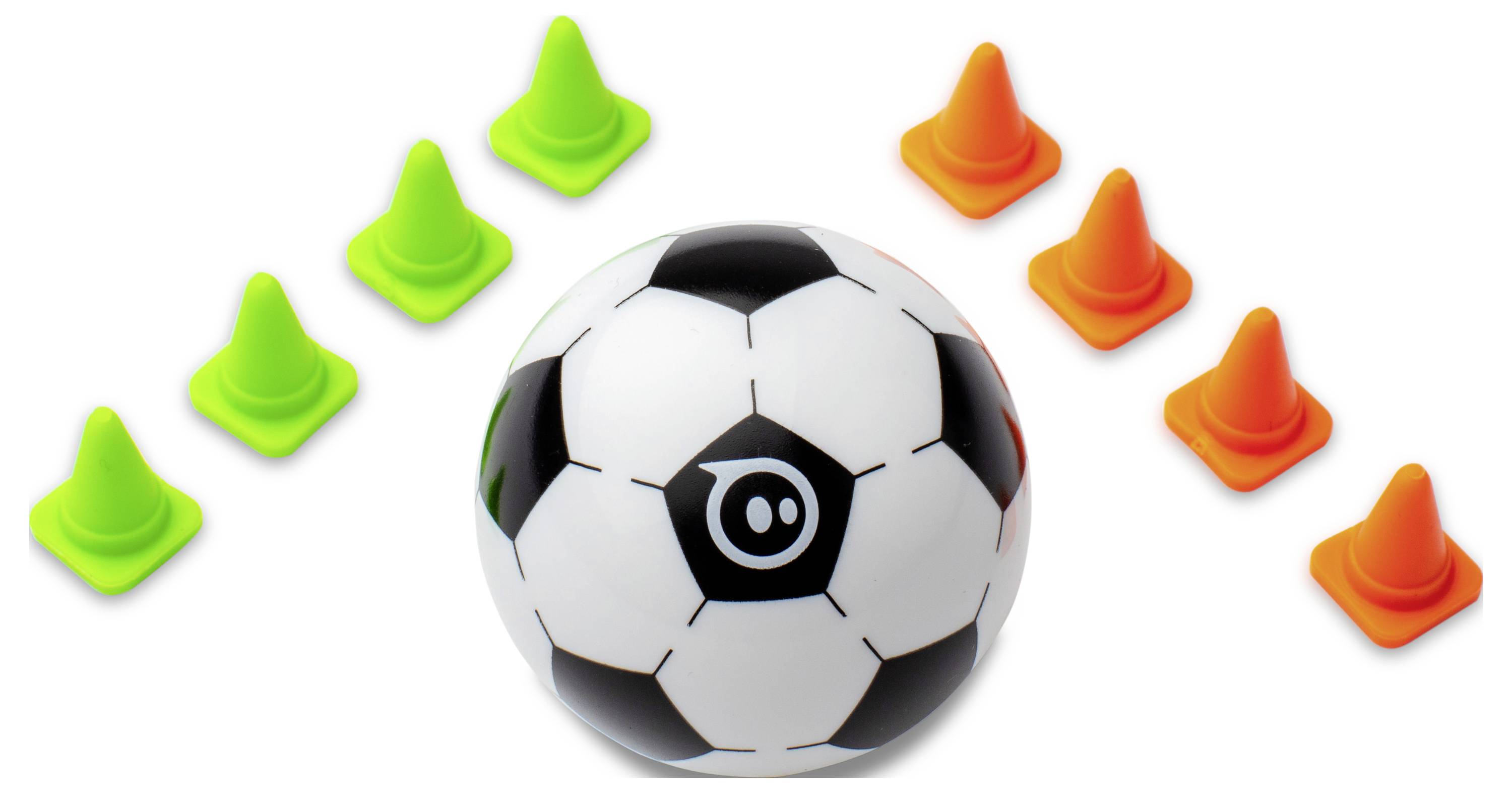 Ein Fußball mit einem stilisierten Logo in der Mitte, umgeben von vier grünen und sechs orangefarbenen Hütchen, die in zwei Gruppen angeordnet sind.