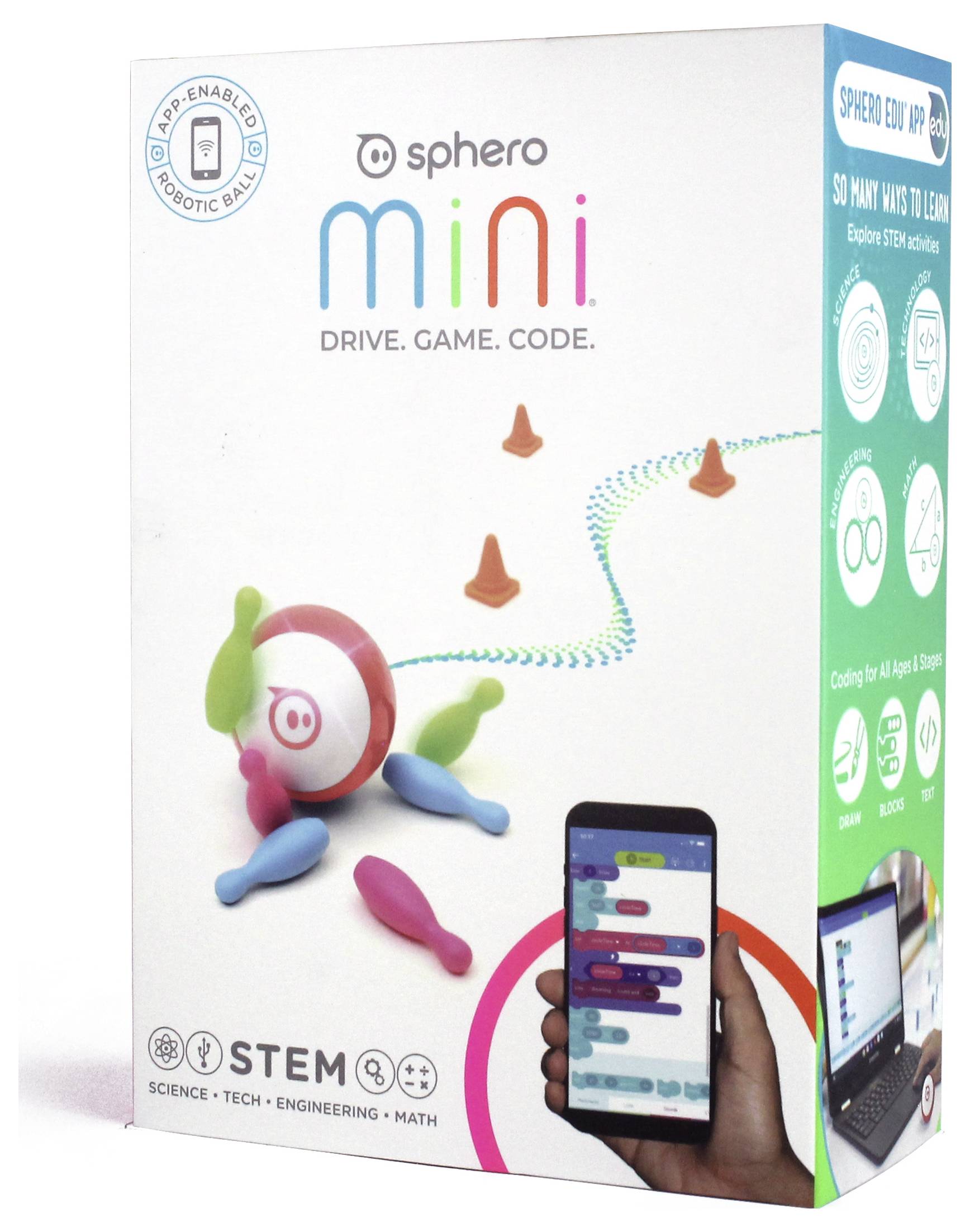 Spielzeugverpackung mit kleinem Roboterball. Text: 'Sphero Mini: Drive. Game. Code.' und 'STEM: Science, Tech, Engineering, Math'.