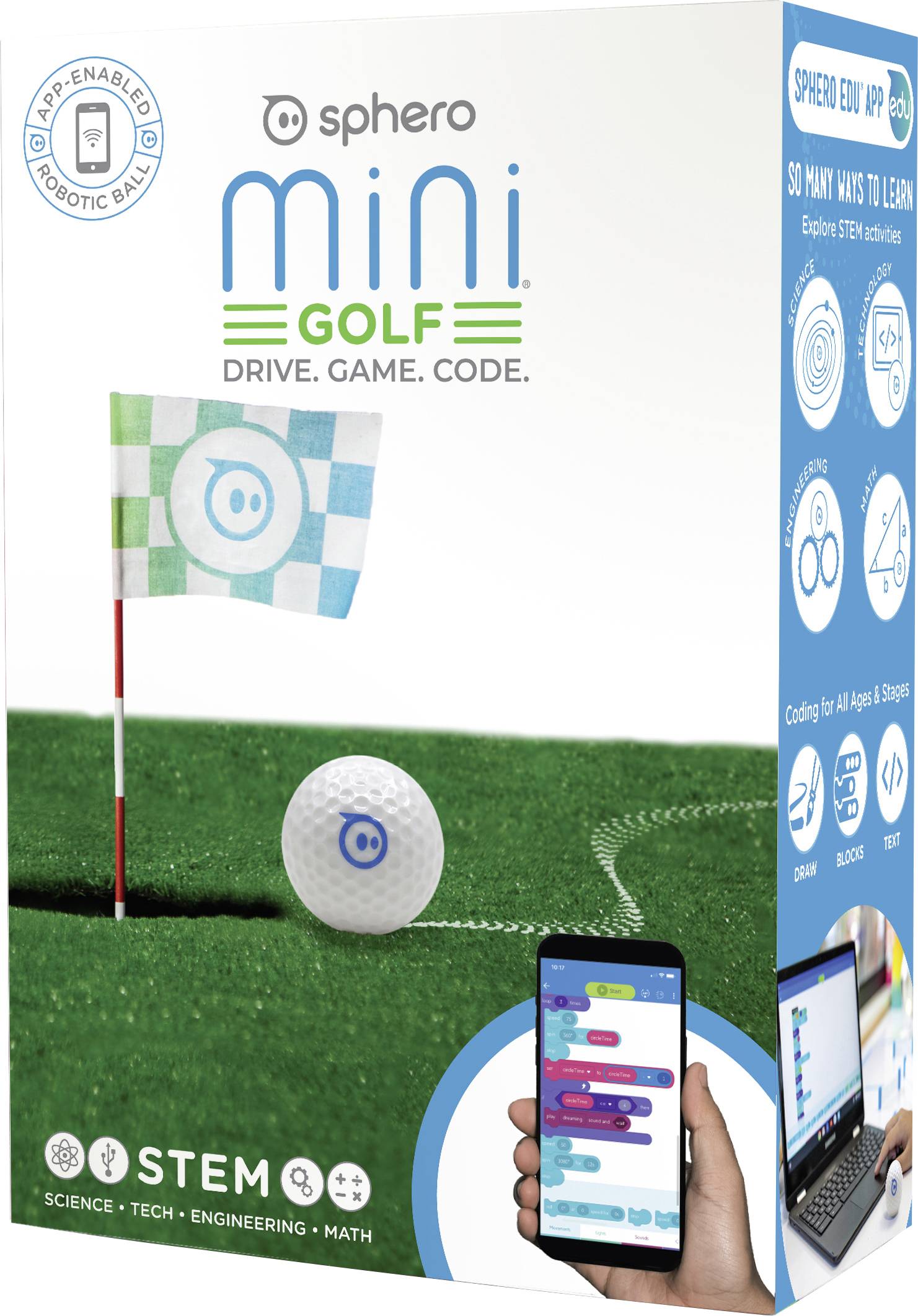 Eine Verpackung für 'Sphero Mini Golf', ein app-gesteuerter Roboterball. Zeigt ein Golfthema und eine Smartphone-App zur Steuerung.