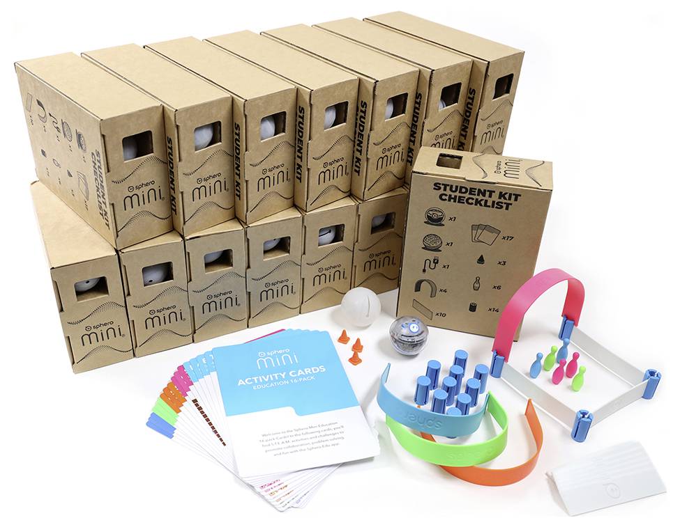 Abbildung eines Roboterbausatzes mit mehreren Boxen, Anleitungen, Zubehörteilen und Aktivitätskarten für Studentenprojekte.