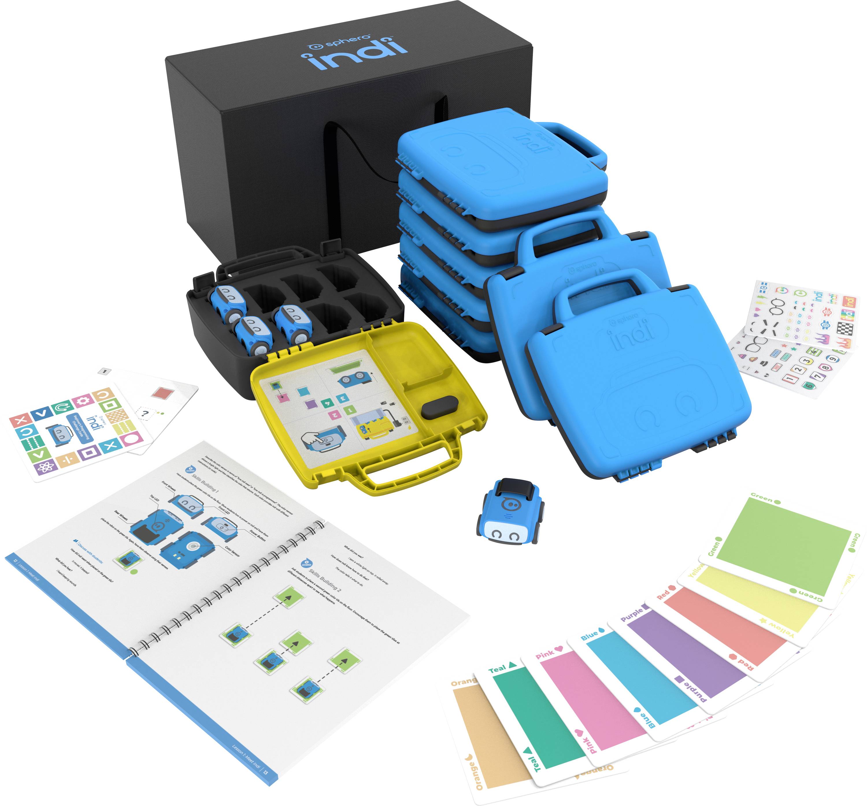 Ein Set von Roboter-Lernkit mit blauen und gelben Koffern, Farbkarten und einem Handbuch, designed zur Unterstützung von Coding-Unterricht.
