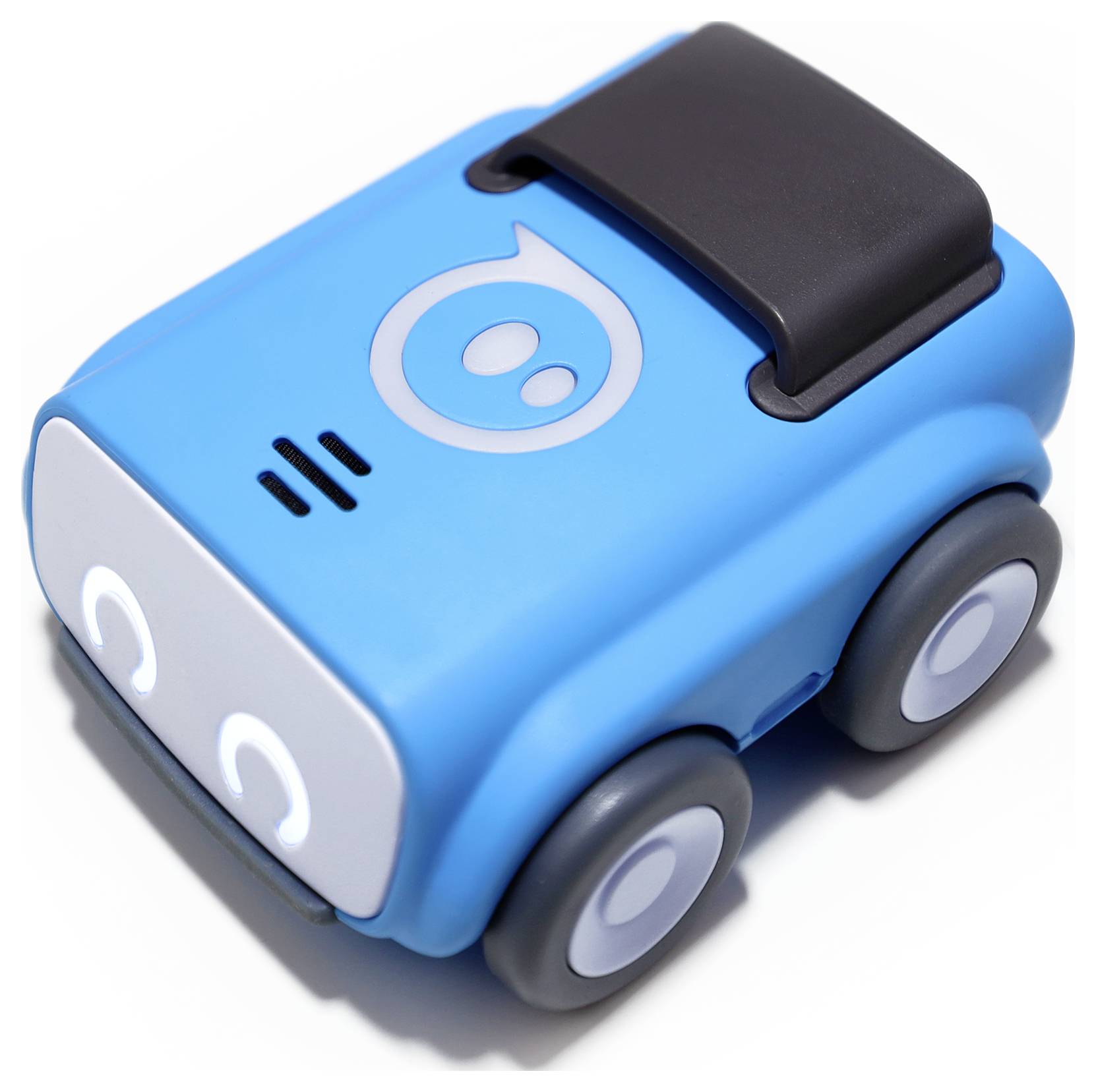 Ein kleiner, blauer Roboter in Form eines Autos mit vier Rädern und einem fröhlichen Gesicht auf der Vorderseite.