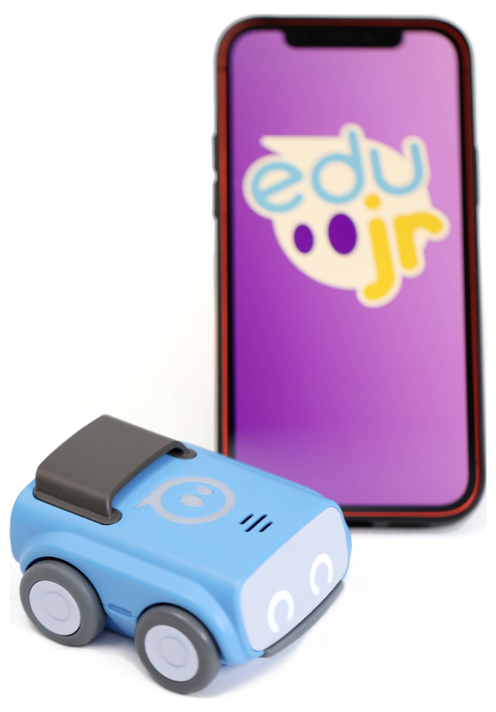 Ein kleiner, blauer Spielzeug-Roboter steht vor einem Smartphone mit lila Bildschirm, auf dem 'edu jr' in bunten Buchstaben angezeigt wird.