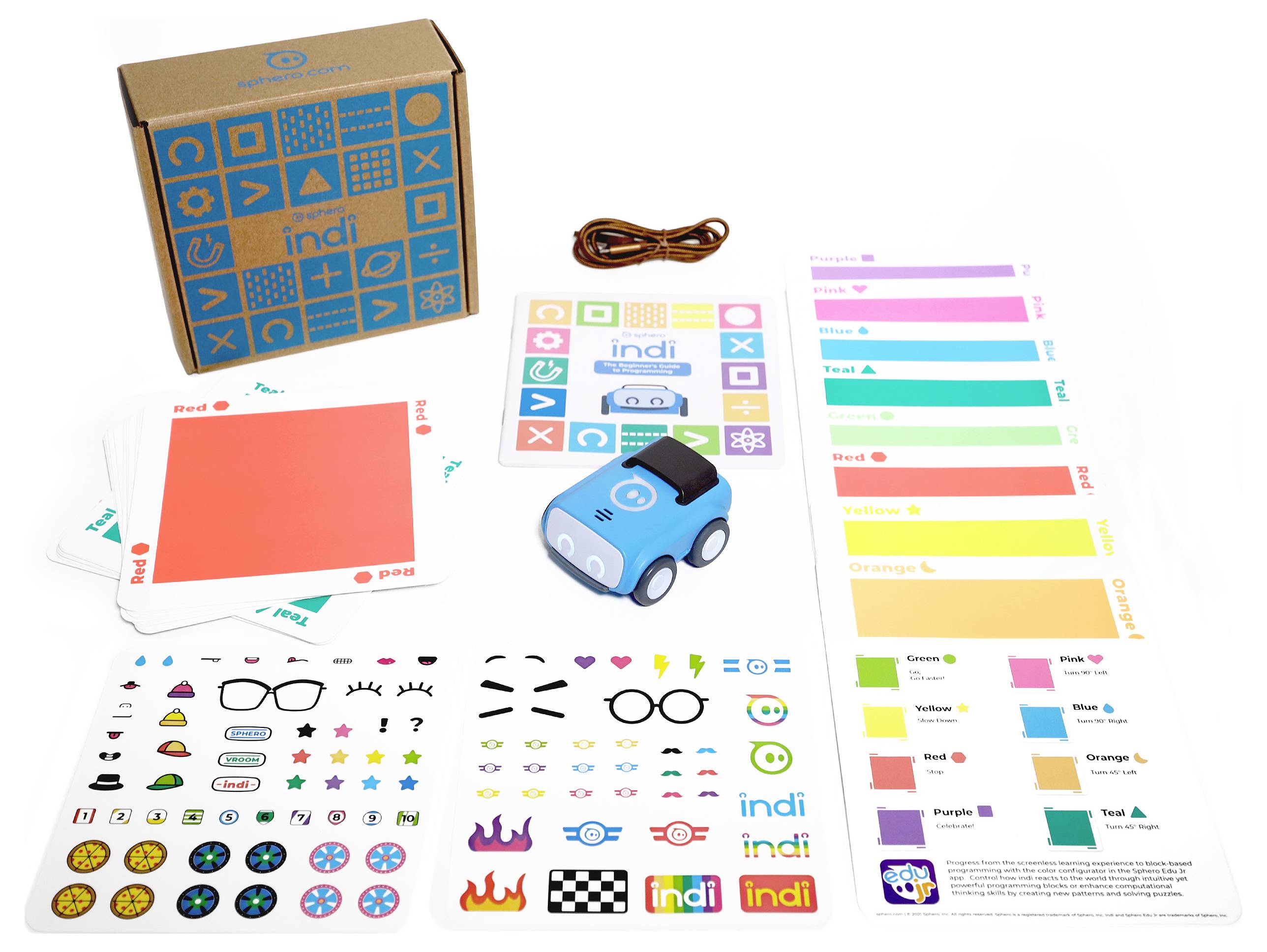Ein Lernspielzeug-Set mit kleinem Roboterauto, Schaltmatten, Aufklebern und Kabel. Entwickelt zur Förderung von Programmierfähigkeiten bei Kindern.
