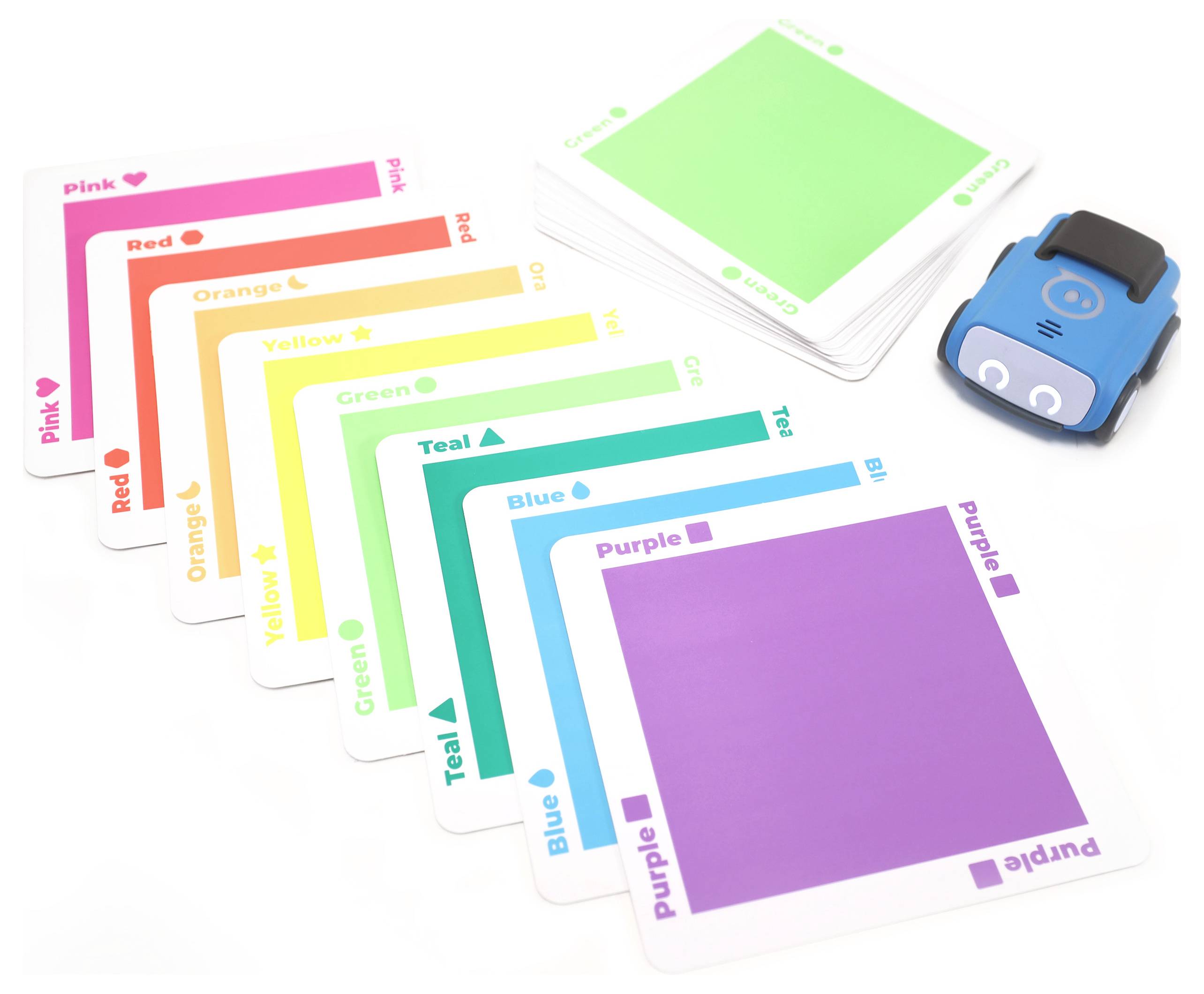 Farbige Karten und ein blauer Spielzeugroboter. Die Karten sind in Rot, Orange, Gelb, Grün, Blau, Teal, Lila und Rosa.