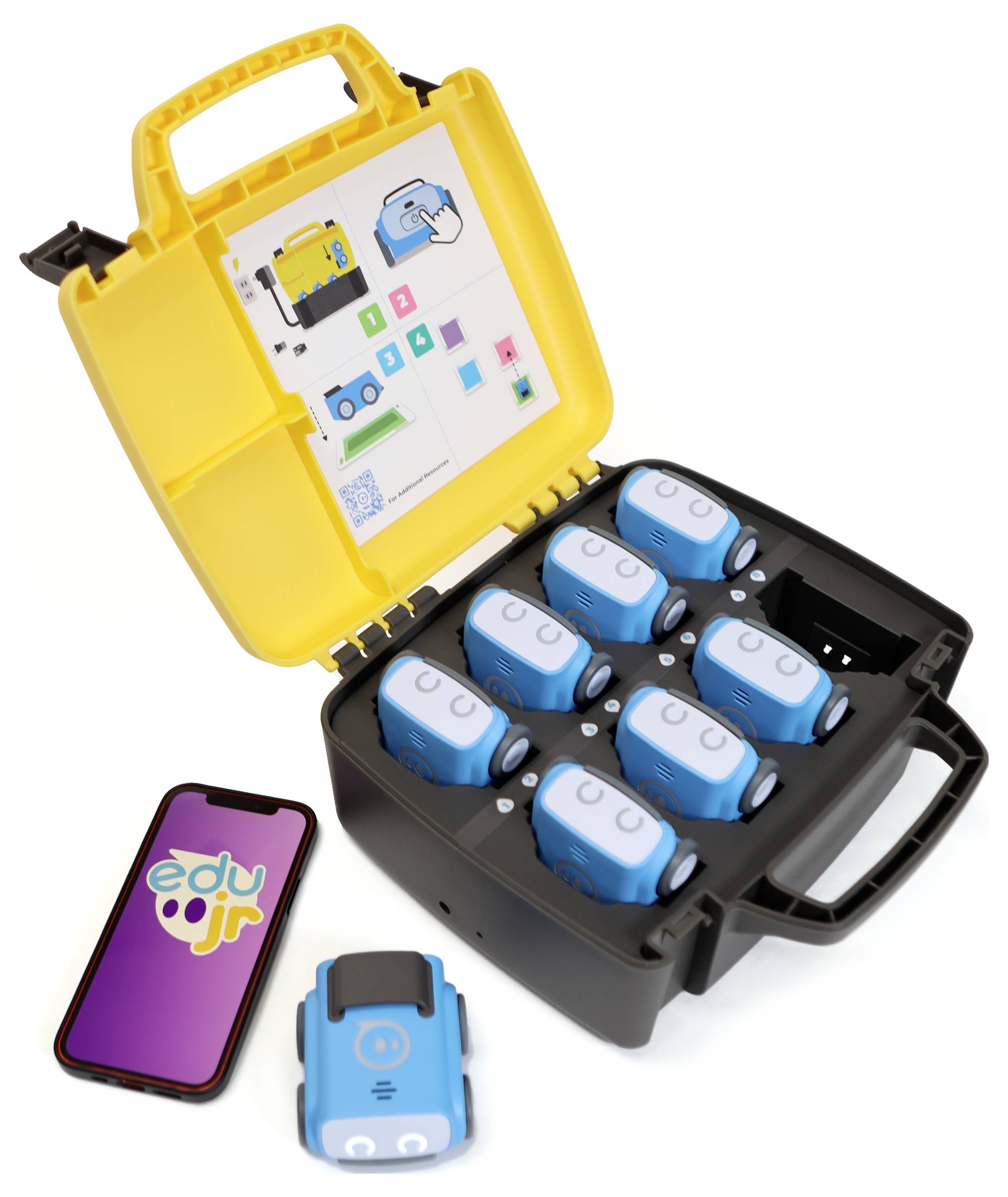 Gelber Koffer mit sechs blauen Robotern und einer Bedienungsanleitung. Ein Smartphone zeigt 'edu jr'. Ein Roboter liegt daneben.