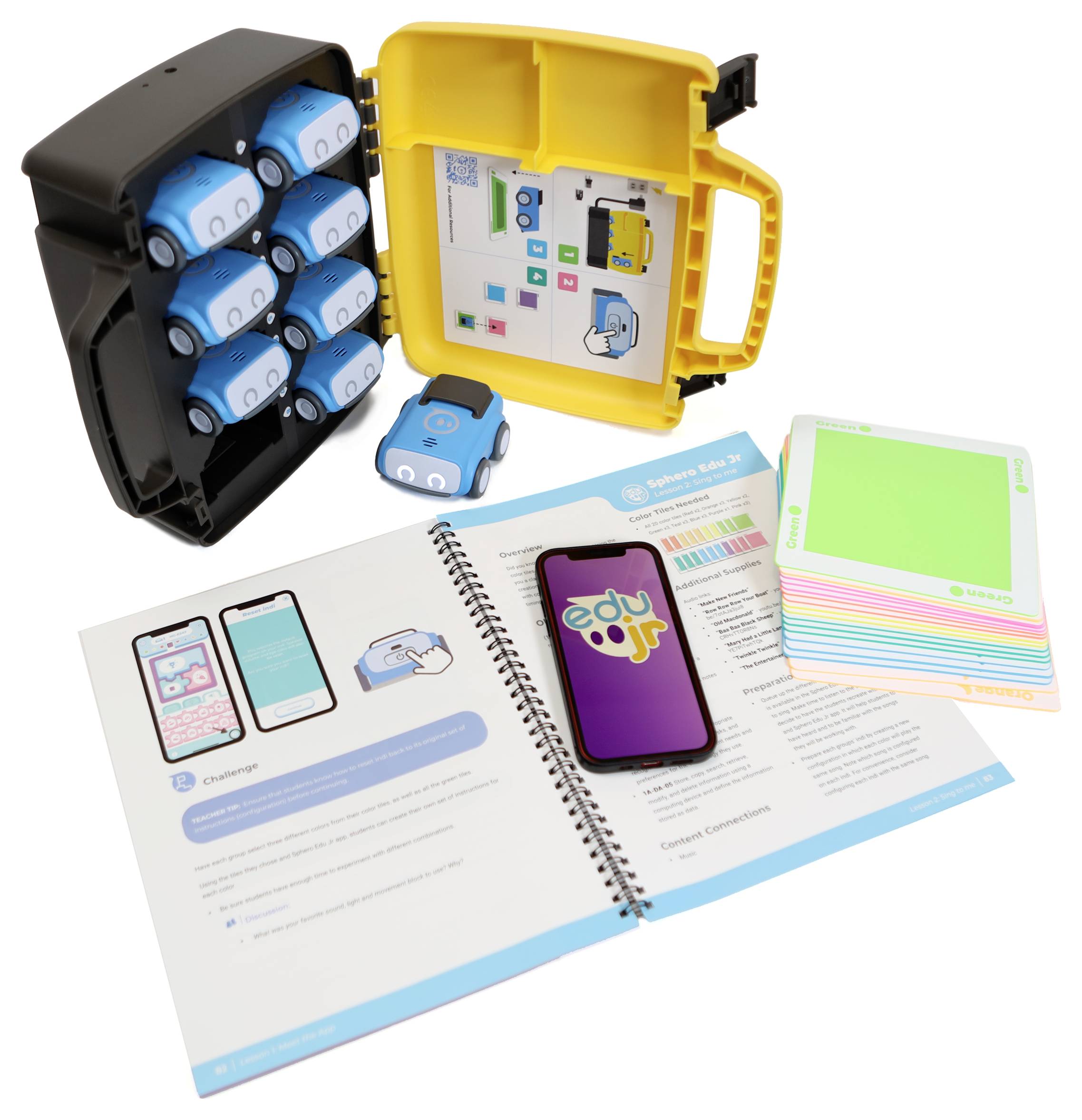 Ein Lernspielzeug-Set für Kinder, bestehend aus kleinen blauen Roboterautos, einem offenen Koffer, einem Smartphone und Anleitungsheft.