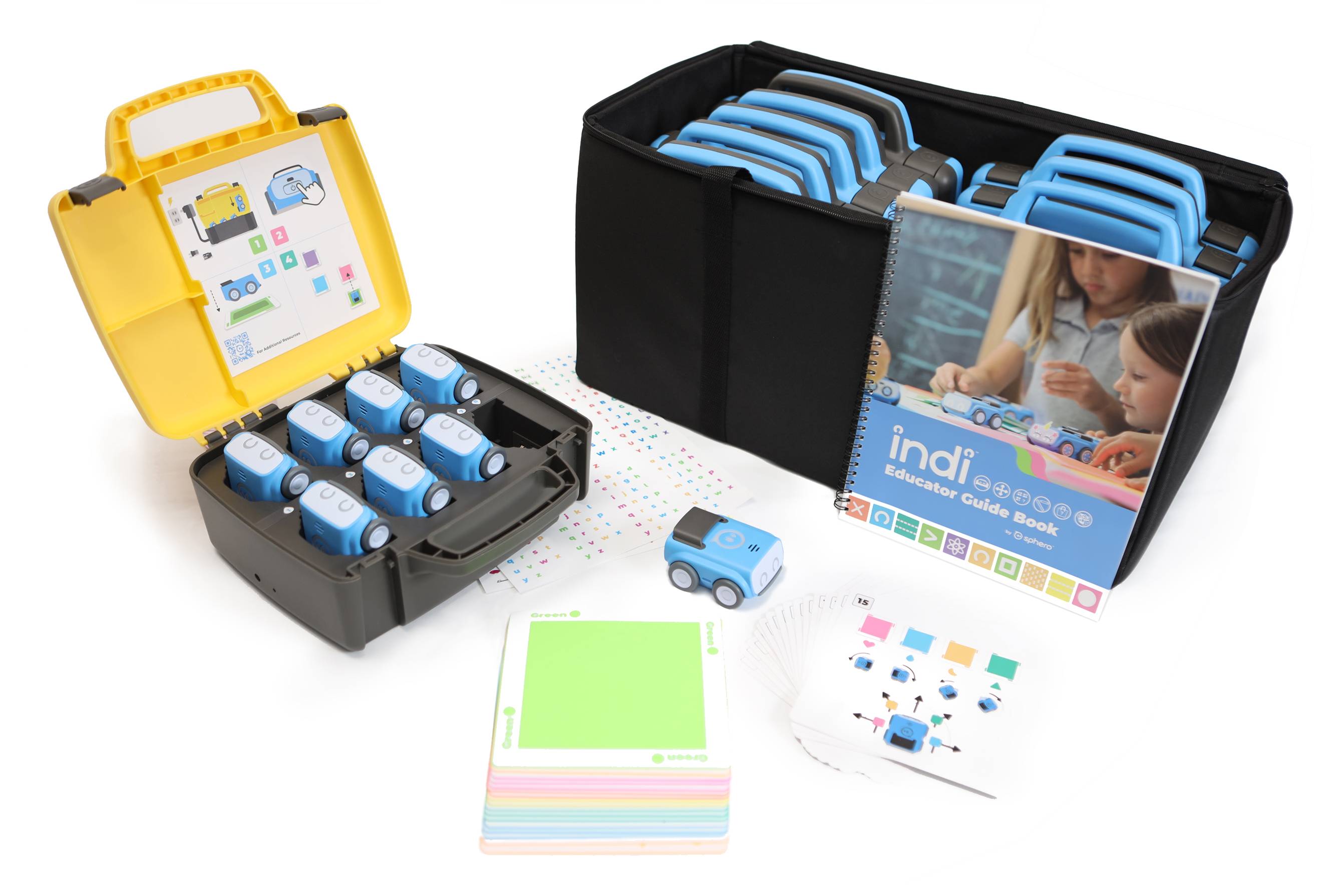 Transportkoffer und Materialien für ein Lernspielzeug-Set. Enthält mehrere kleine blaue Roboter und Anleitungsbuch für Kinder.