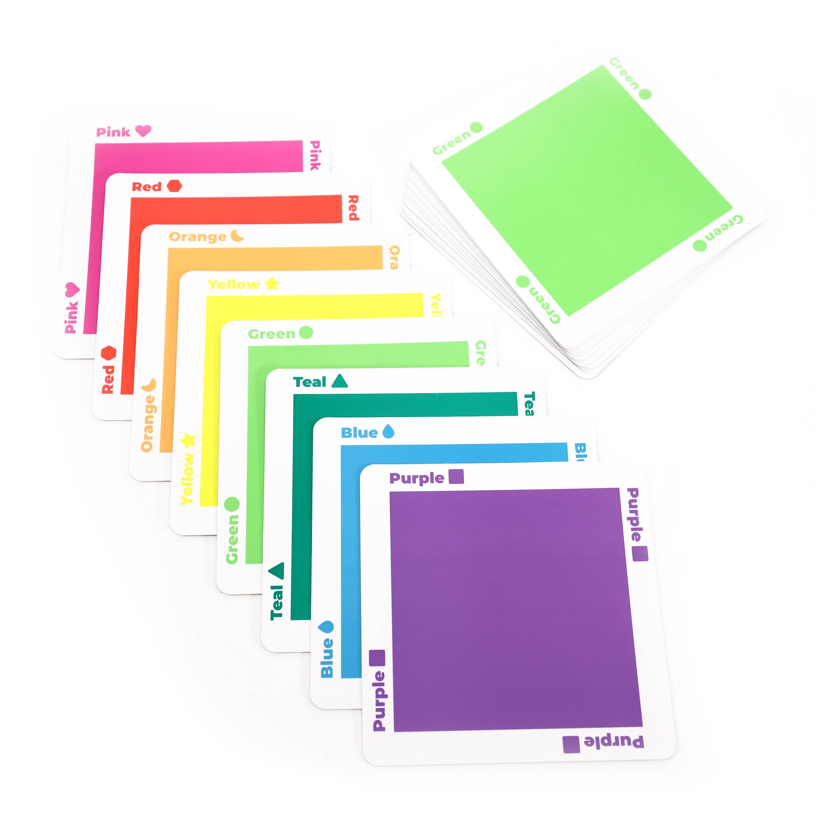 Ein Kartenspiel mit farbigen Karten in Pink, Rot, Orange, Gelb, Grün, Blau, und Lila, die jeweils mit ihrem Farbnamen beschriftet sind.