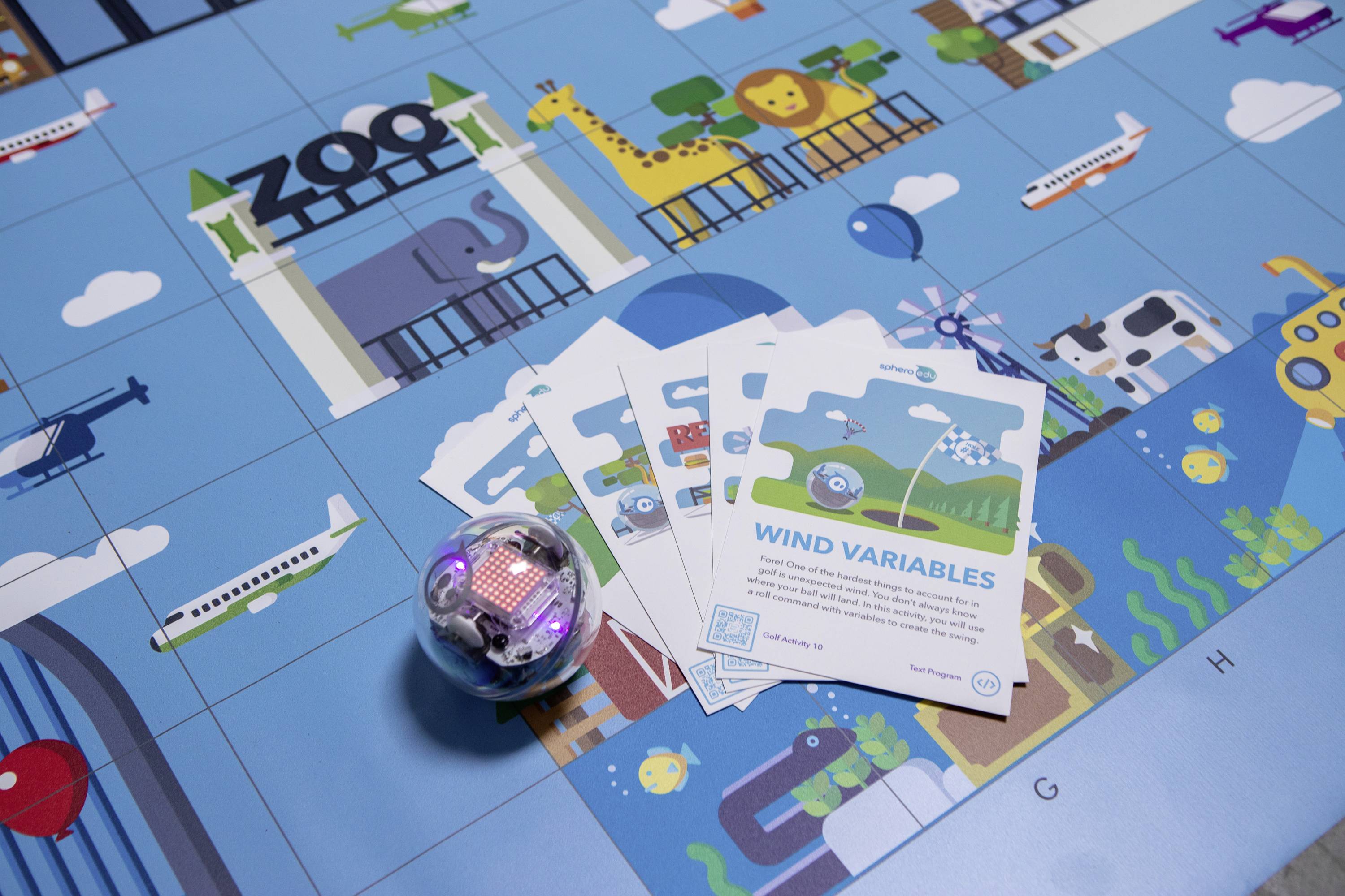 Ein Spielfeld mit Zoo-Thema, auf dem eine Kugel und mehrere Karten liegen. Flugzeuge und Tiere sind auf dem Spielfeld abgebildet.