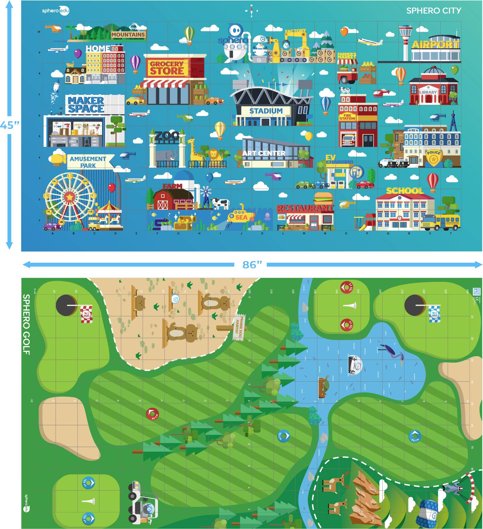 'Spielmatte mit Stadtansicht oben: Geschäfte, Stadion, Schule. Unten: Golfplatz mit Löchern und Hindernissen. Maße: 45" x 86".'