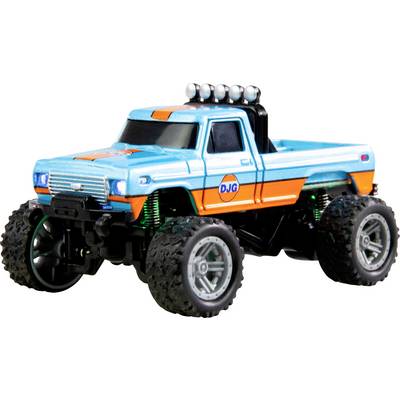 Spielzeug-Monstertruck in Blau und Orange mit großen Reifen und 'DJG'-Logo auf der Seite.