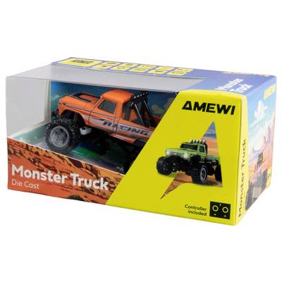 'Monster Truck Die Cast' in orange in einer Verpackung. Enthält Fernsteuerung. Produktion von 'Amewi', zeigt ein Bild des Trucks auf Sandgelände.
