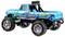 Ein blauer Spielzeug-Monstertruck mit der Aufschrift 'Violence' auf der Seite. Der Truck hat große Reifen und ein buntes Design.