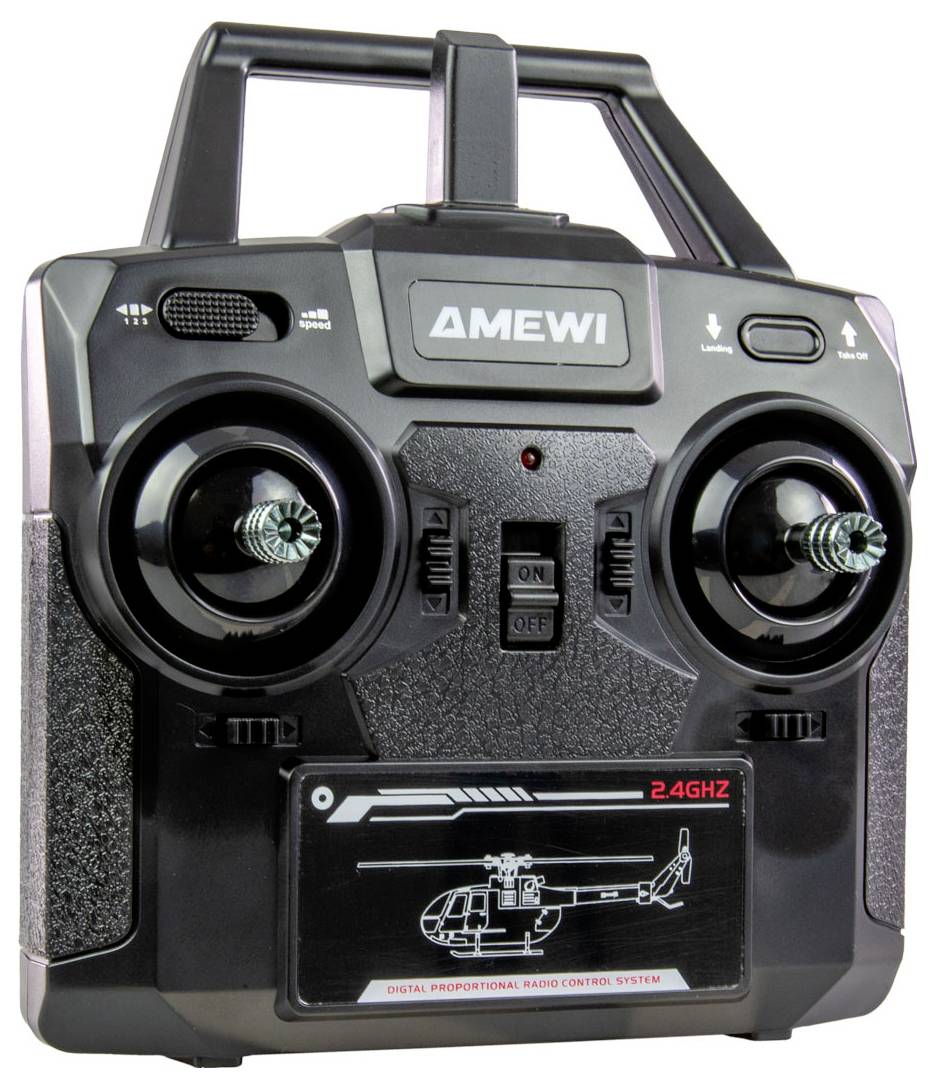 Fernbedienung für Hubschrauber, mit zwei Steuerknüppeln und einem Schalter. Markenname 'Amewi' sichtbar, Frequenz 2,4 GHz.