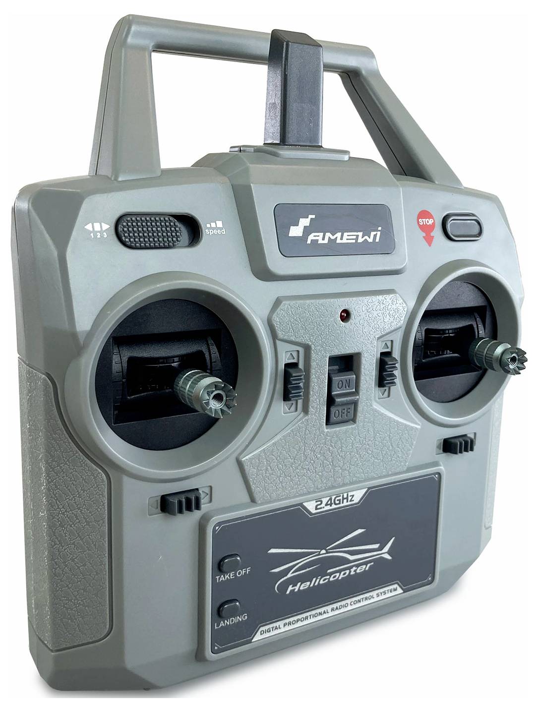 Ein grauer Fernsteuerungs-Controller für Hubschrauber mit zwei Joysticks, Kippschaltern und einer vorderen Beschriftung 'Helicopter'.