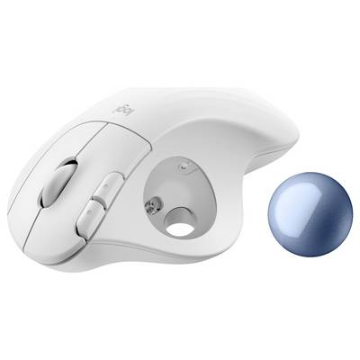 Weiße ergonomische Computermaus mit Trackball-Fach, Trackball daneben.