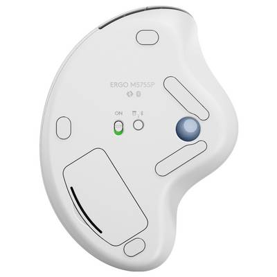 Die Unterseite einer ergonomischen, weißen Maus mit Trackball und An-/Aus-Schalter ist zu sehen. Darauf steht 'ERGO M575SP'.