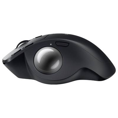 'Schwarze ergonomische Trackball-Maus mit seitlichem Trackball und drei Tasten links.'