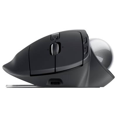 Ergonomische schwarze Trackball-Maus mit USB-Anschluss und Scrollrad, seitlich dargestellt. Ideal für komfortable Computernutzung.