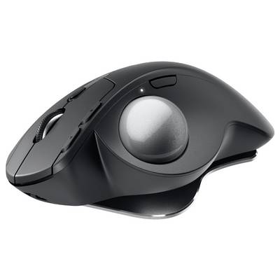 Eine schwarze ergonomische Trackball-Maus mit seitlichem Trackball und Tasten für komfortable Steuerung.