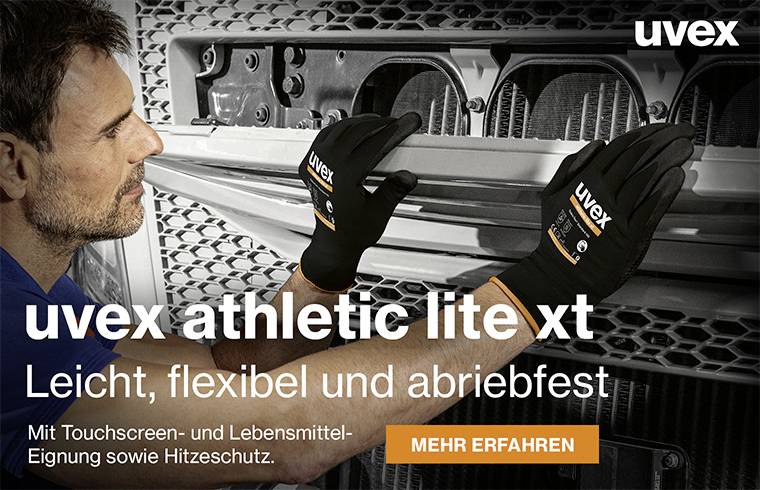 Ein Mann trägt uvex athletic lite xt Handschuhe und arbeitet an einem Metallgitter. Text: 'Leicht, flexibel und abriebfest'.