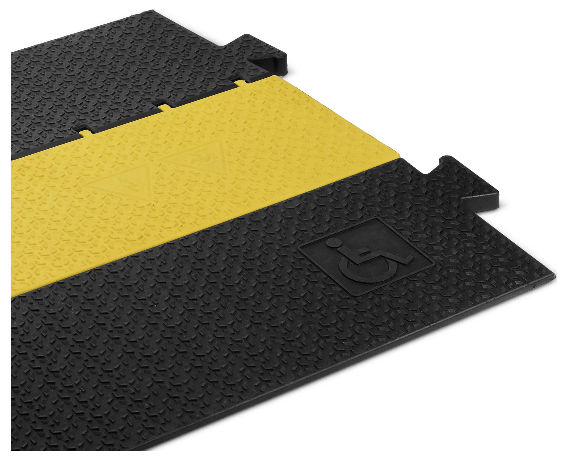 Glatte, ineinander greifende Rampenmodule in Schwarz und Gelb mit Behindertensymbol für Barrierefreiheit.