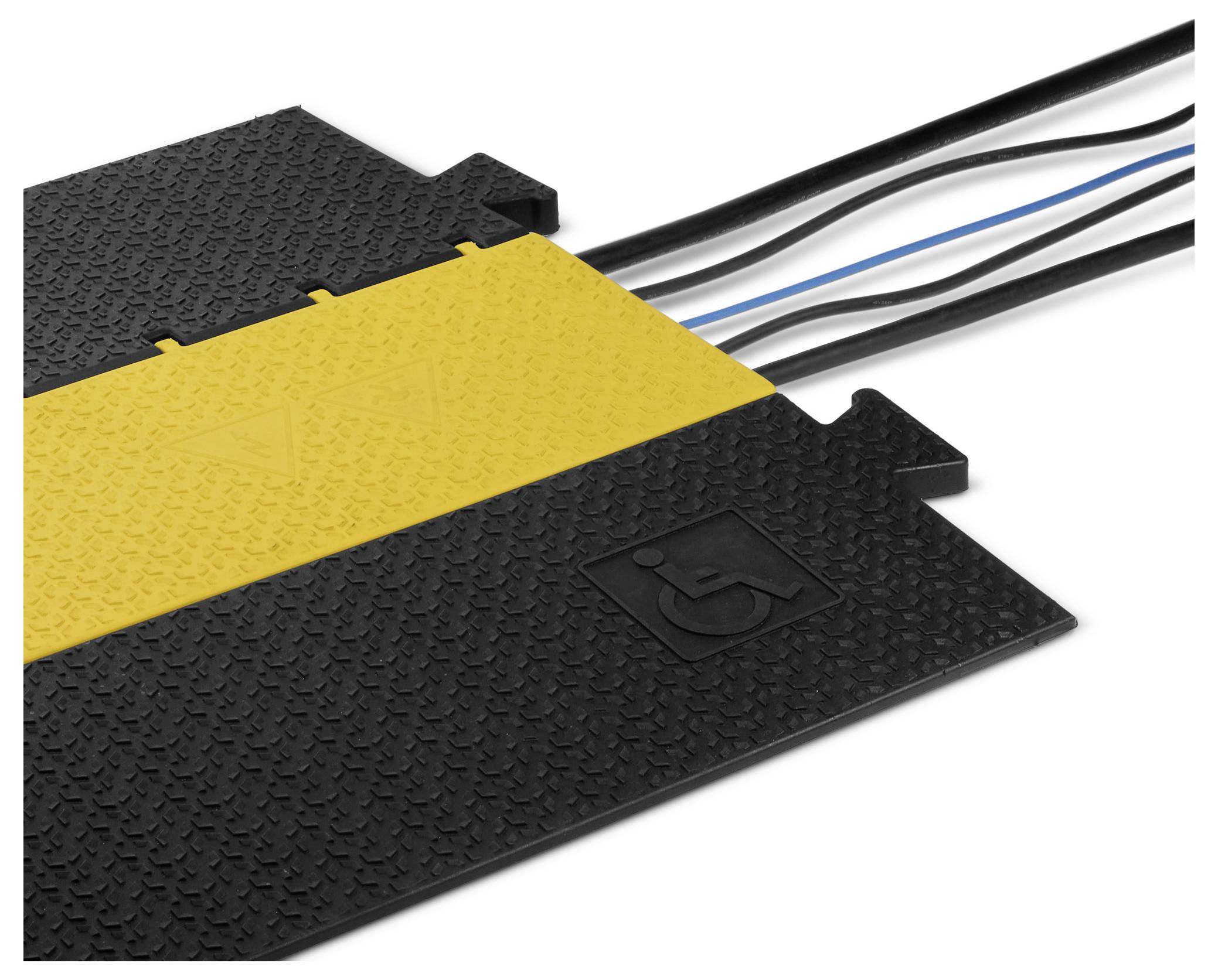 Kabelabdeckung aus schwarzem und gelbem Kunststoff, zwei Kabel führend. Robust und rutschfest für sichere Verlegung auf Böden.