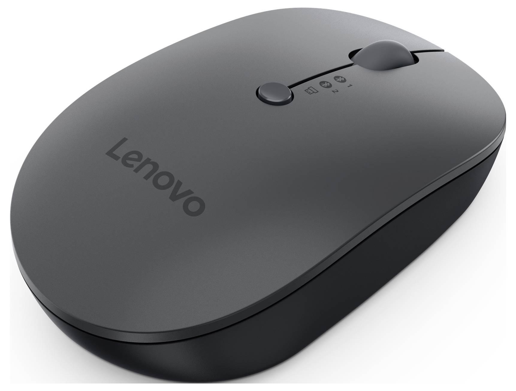 Schwarze kabellose Maus von Lenovo mit Scrollrad und Tasten auf einer glatten Oberfläche.