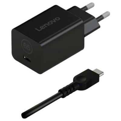 Schwarzes Lenovo-Ladegerät mit EU-Stecker und USB-C-Anschluss, auf einer weißen Fläche liegend.