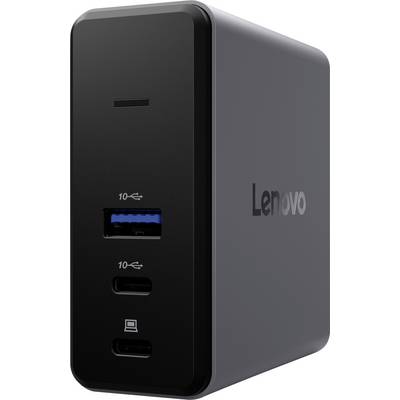 Der Lenovo-Dockingstation zeigt drei Anschlüsse: einen USB-A-Anschluss oben, zwei USB-C-Anschlüsse darunter. Markenlogo seitlich sichtbar.