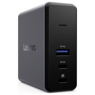Schwarze Lenovo-Dockingstation mit zwei USB-C- und einem USB-A-Anschluss an der Vorderseite, geeignet für Laptopverbindungen.