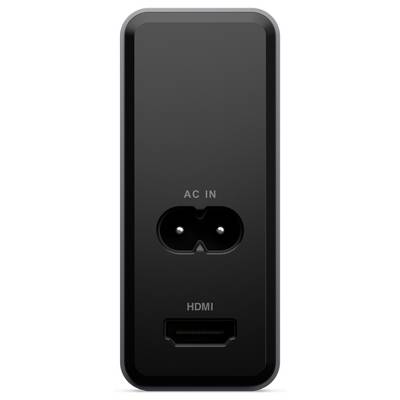 Schwarzes elektronisches Gerät mit AC-Eingang oben und HDMI-Anschluss unten.