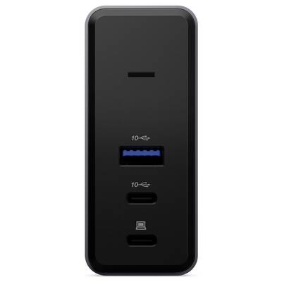 Eine schwarze Dockingstation mit zwei USB-C- und einem USB-A-Anschluss, geeignet für Datenübertragungen mit bis zu 10 Gbit/s.