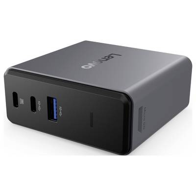 Ein kompakter Lenovo-Adapter mit mehreren Anschlüssen, darunter USB-C und USB-A, in einem modernen, dunkelgrauen Gehäuse.