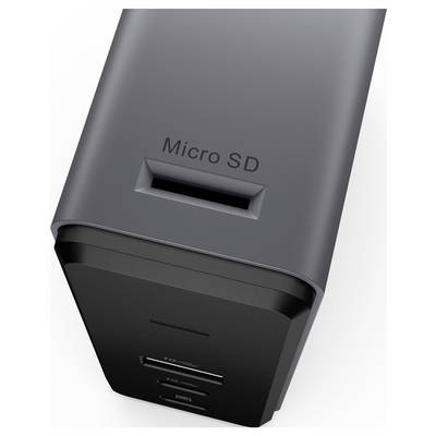 Ein schwarzes Gerät mit einem Micro-SD-Kartenslot auf der Oberseite, geeignet für den Anschluss von Speicherkarten.