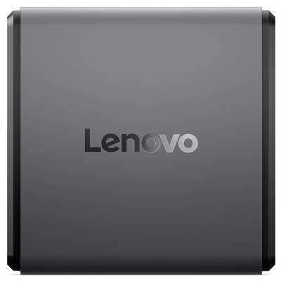 Ein quadratischer, grauer Laptopdeckel mit dem 'Lenovo'-Logo in der Mitte.