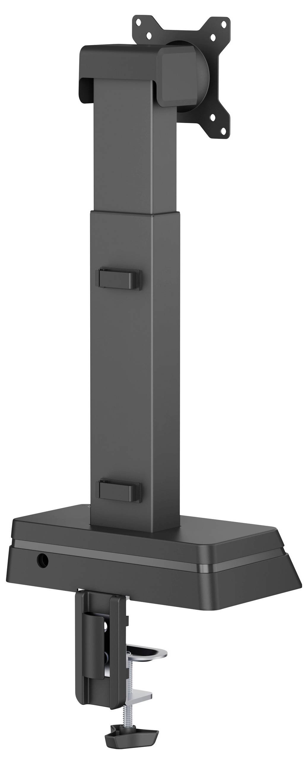 Schwarze, verstellbare Monitorhalterung mit Tischklemme, ausgestattet mit einer VESA-kompatiblen Platte für eine sichere Monitoranbringung.