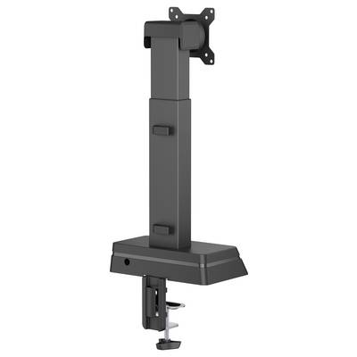 Schwarze, verstellbare Monitorhalterung mit Tischklemme, ausgestattet mit einer VESA-kompatiblen Platte für eine sichere Monitoranbringung.