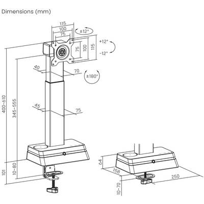 Technische Zeichnung eines verstellbaren Monitorarms mit Maßangaben in Millimetern; enthält Höhen-, Neigungs- und Schwenkdimensionen.