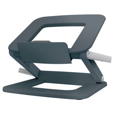 Ein dunkelgrauer, verstellbarer Laptopständer aus Kunststoff zeigt einen modernen, minimalistischen Look für ergonomische Nutzung.