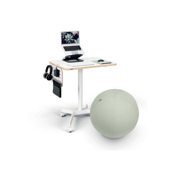 Ein höhenverstellbarer Schreibtisch mit Laptop, Tastatur und Maus. Daneben ein grauer Gymnastikball. Büroaccessoires sind am Tisch befestigt.