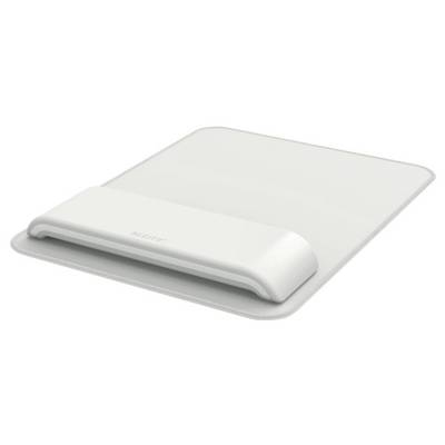 Weiße ergonomische Handgelenkauflage auf einer grauen Mauspad-Oberfläche, entwickelt zur Unterstützung beim Arbeiten am Computer.