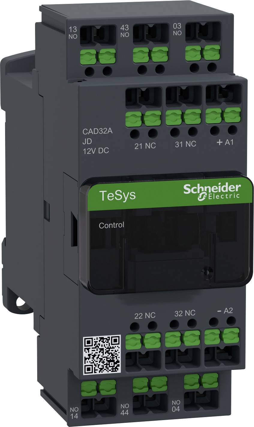 Elektronisches Modul der Marke Schneider Electric, Modell TeSys CAD32A für Steuerungszwecke, mit verschiedenen Anschlussklemmen und einem QR-Code.
