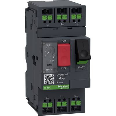 Ein Schaltgerät von Schneider Electric mit Tasten für 'START' und 'STOP', grünem und schwarzem Schalter und grünen Anschlussklemmen.