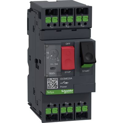 Elektrischer Motorschutzschalter der Marke Schneider Electric mit grün-schwarzen Anschlussklemmen, roten und grünen Schaltern.