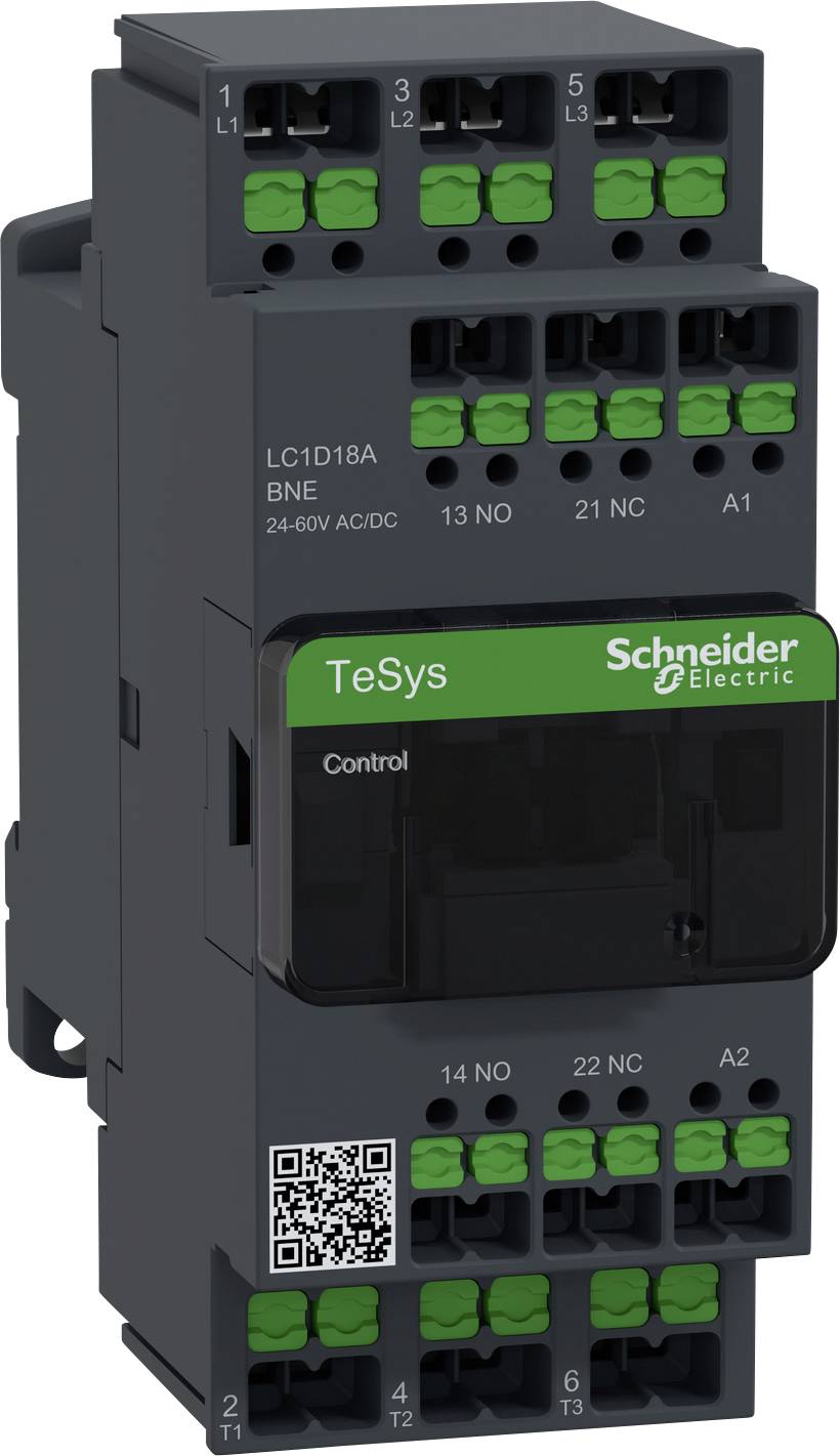 Ein elektrisches Gerät von Schneider Electric mit der Bezeichnung 'TeSys' und verschiedenen grünen Anschlussklemmen ist abgebildet.