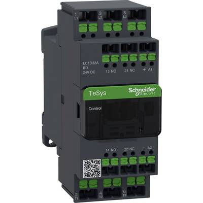 Ein schwarzer Schneider Electric Schütz mit grünen Anschlüssen und der Aufschrift 'TeSys Control'. Oben ist der Aufdruck 'LC1D32A BD 24V DC'.