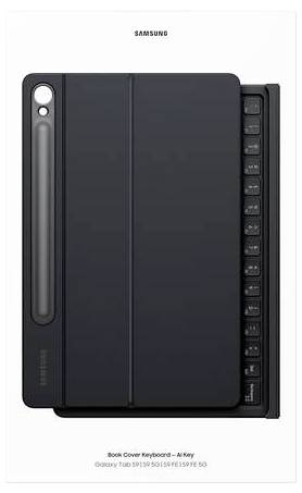 'Schwarze Samsung Book Cover-Tastatur' mit Schutzabdeckung, teils aufgedeckt, zeigt Tablet und Stifthalter. Gezeigt auf weißem Hintergrund.